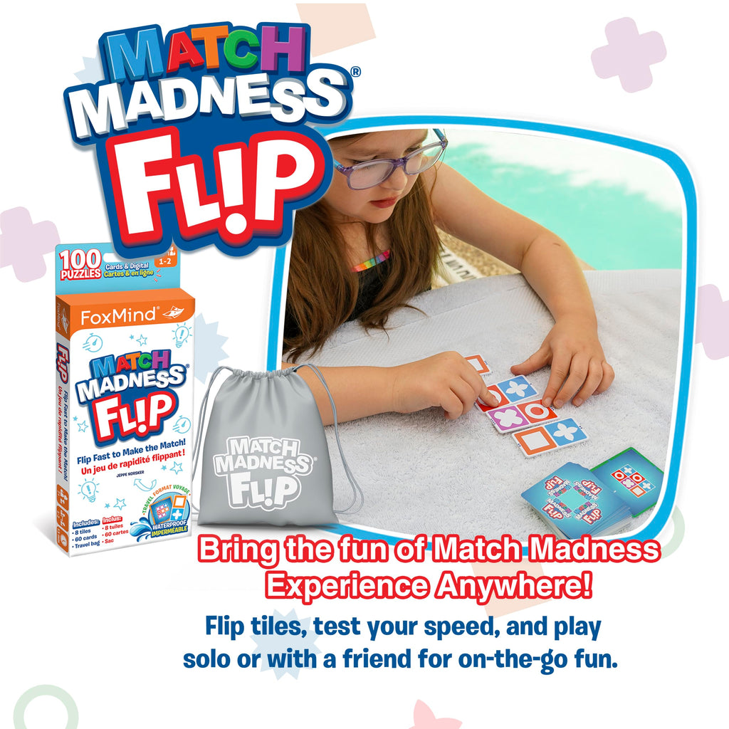 FoxMind Match Madness Flip: Travel-Sized Pattern Matching Puzzle Game with Waterproof Tiles and Cards
