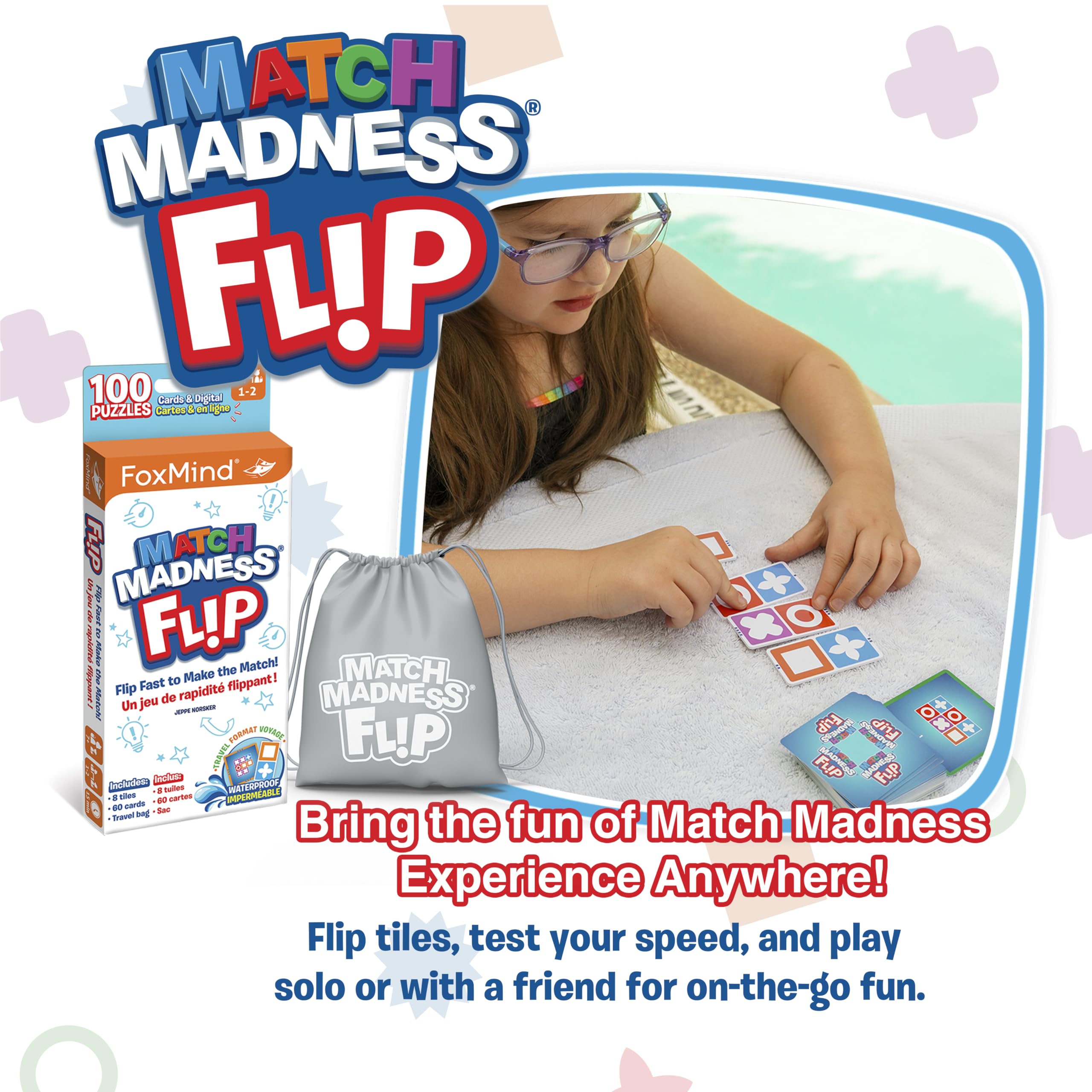 FoxMind Match Madness Flip: Travel-Sized Pattern Matching Puzzle Game with Waterproof Tiles and Cards