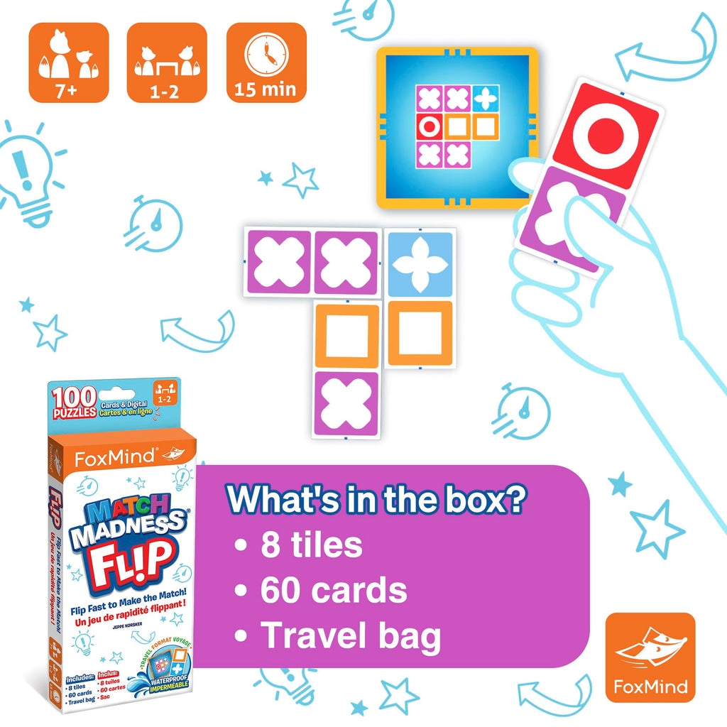FoxMind Match Madness Flip: Travel-Sized Pattern Matching Puzzle Game with Waterproof Tiles and Cards