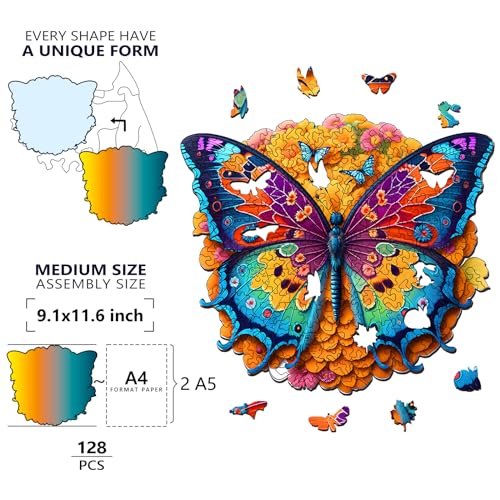 Foyucool Butterfly Wooden Jigsaw Puzzle – Irregular Animal Shapes, 11.8 x 9.1 Inches, Laser-Cut Basswood