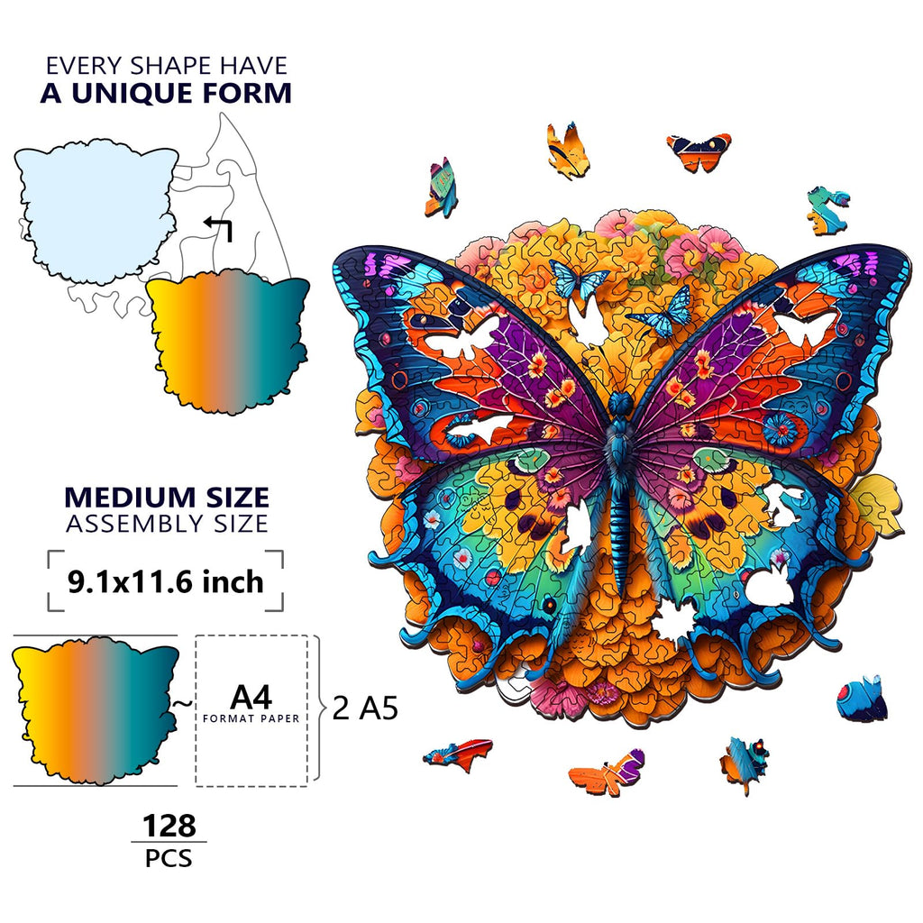 Foyucool Butterfly Wooden Jigsaw Puzzle – Irregular Animal Shapes, 11.8 x 9.1 Inches, Laser-Cut Basswood