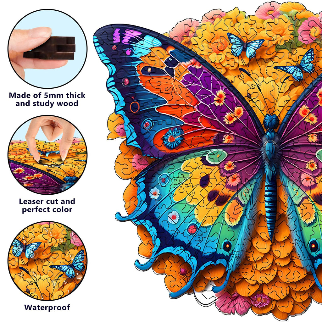 Foyucool Butterfly Wooden Jigsaw Puzzle – Irregular Animal Shapes, 11.8 x 9.1 Inches, Laser-Cut Basswood