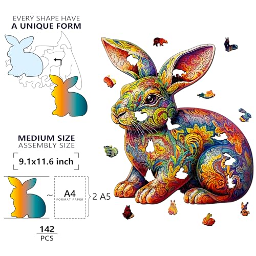 Foyucool Rabbit Wooden Puzzle for Adults – 11.8 x 9.1 Inch Laser-Cut Basswood Jigsaw with Irregular Animal Shapes