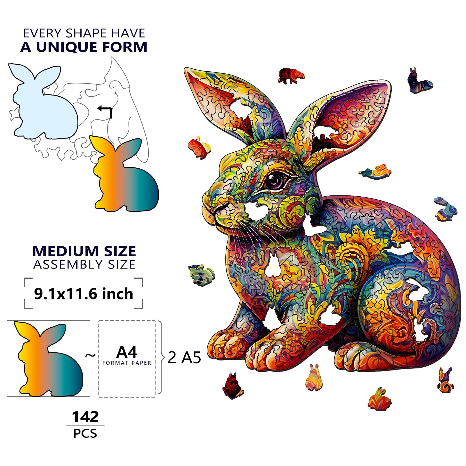 Foyucool Rabbit Wooden Puzzle for Adults – 11.8 x 9.1 Inch Laser-Cut Basswood Jigsaw with Irregular Animal Shapes