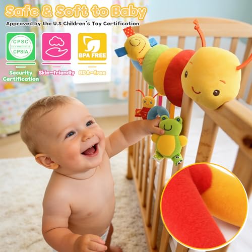 FPVERA Hanging Car Seat Toy for Babies 0-6 Months - Spiral Plush Caterpillar with Rattles, Sensory Stroller Toy for Newborn Boys Girls