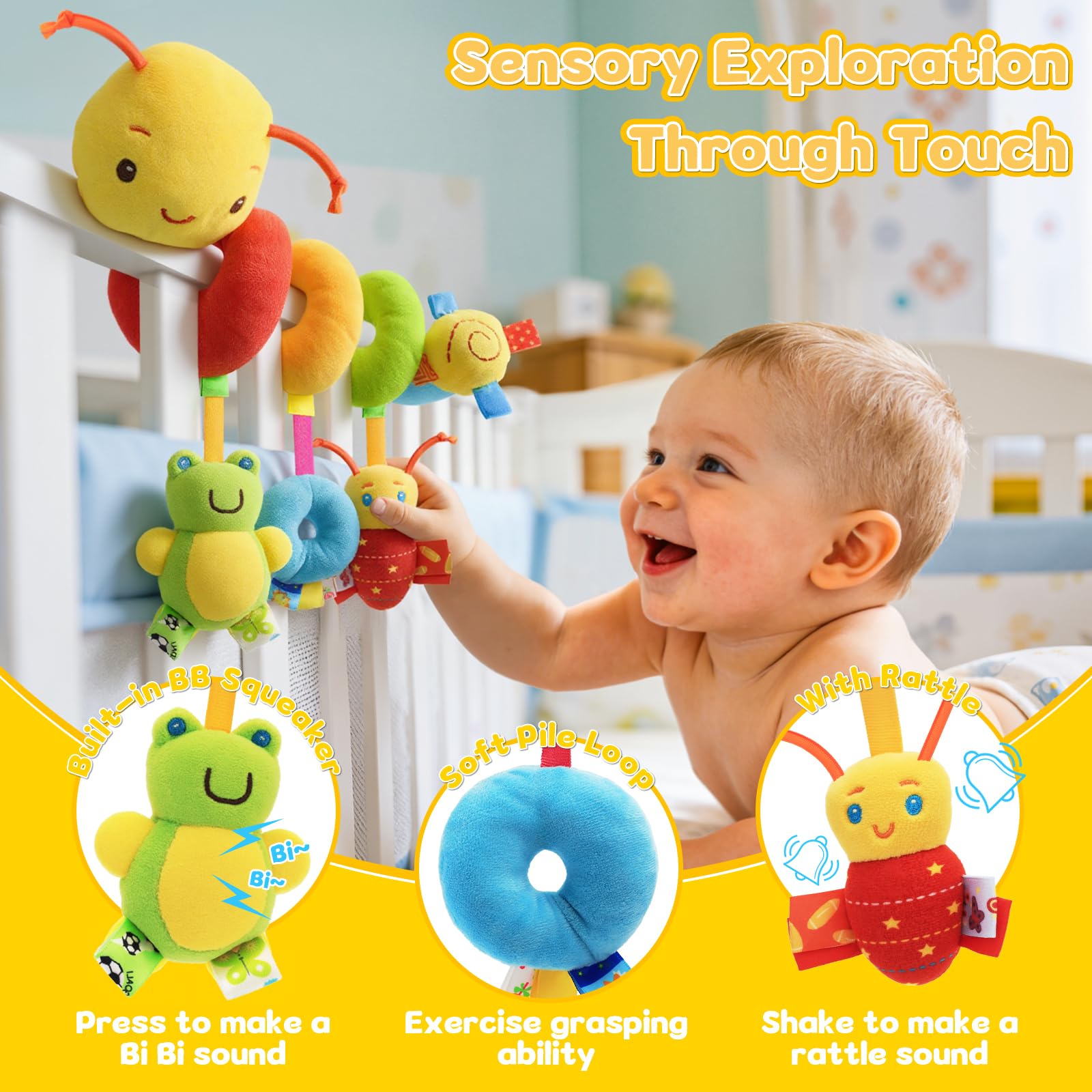 FPVERA Hanging Car Seat Toy for Babies 0-6 Months - Spiral Plush Caterpillar with Rattles, Sensory Stroller Toy for Newborn Boys Girls