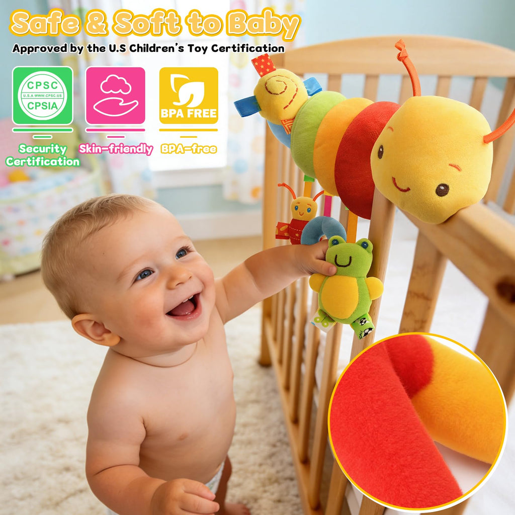 FPVERA Hanging Car Seat Toy for Babies 0-6 Months - Spiral Plush Caterpillar with Rattles, Sensory Stroller Toy for Newborn Boys Girls