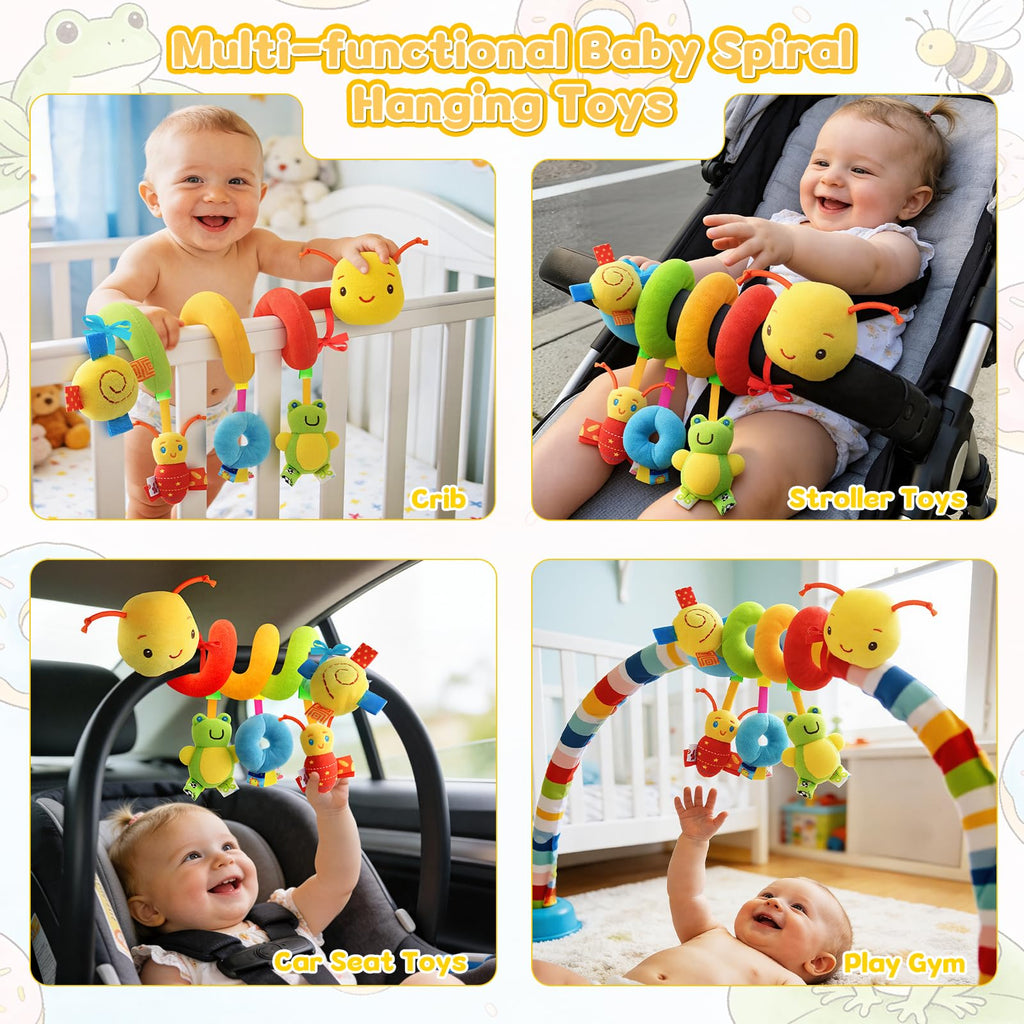 FPVERA Hanging Car Seat Toy for Babies 0-6 Months - Spiral Plush Caterpillar with Rattles, Sensory Stroller Toy for Newborn Boys Girls