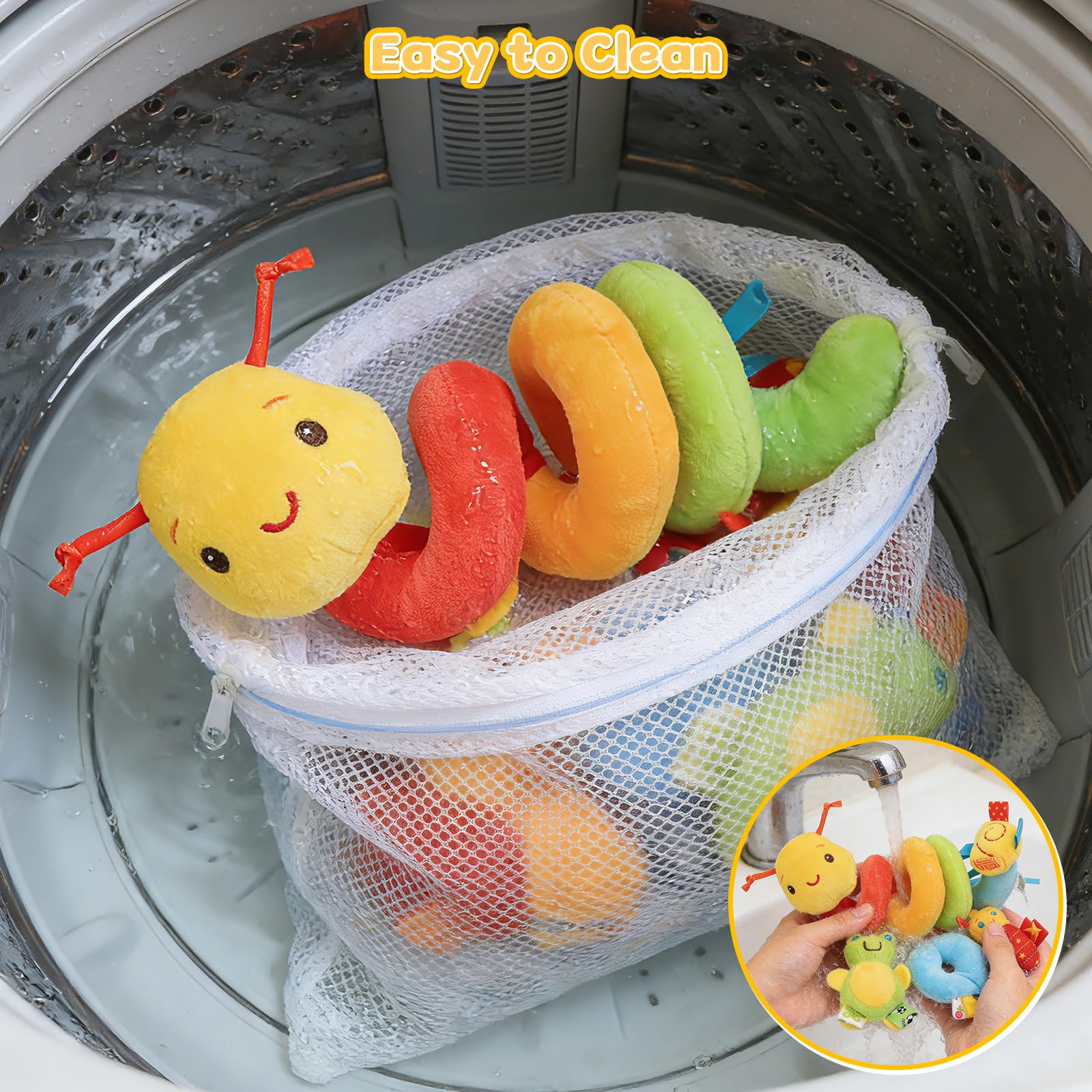 FPVERA Hanging Car Seat Toy for Babies 0-6 Months - Spiral Plush Caterpillar with Rattles, Sensory Stroller Toy for Newborn Boys Girls