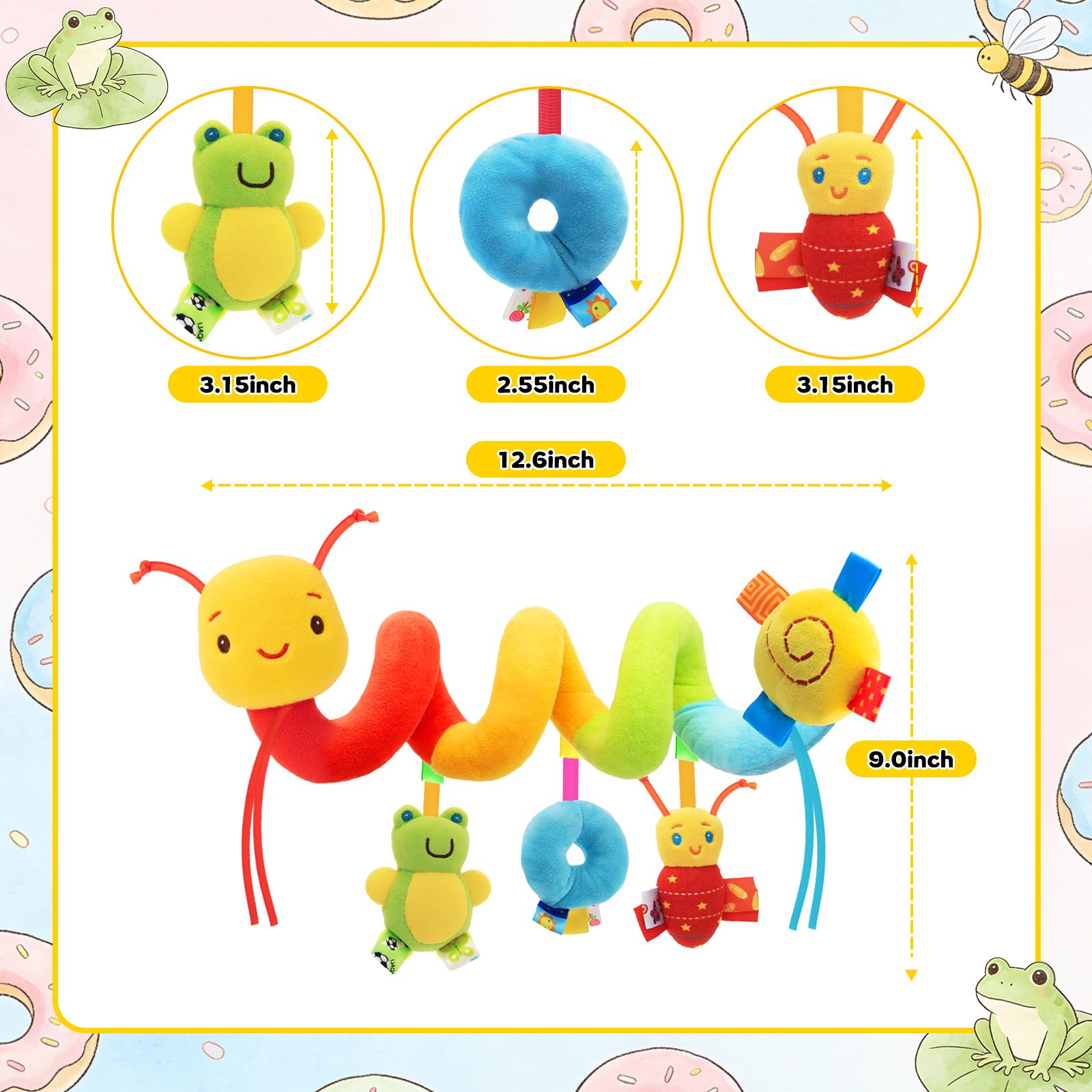 FPVERA Hanging Car Seat Toy for Babies 0-6 Months - Spiral Plush Caterpillar with Rattles, Sensory Stroller Toy for Newborn Boys Girls