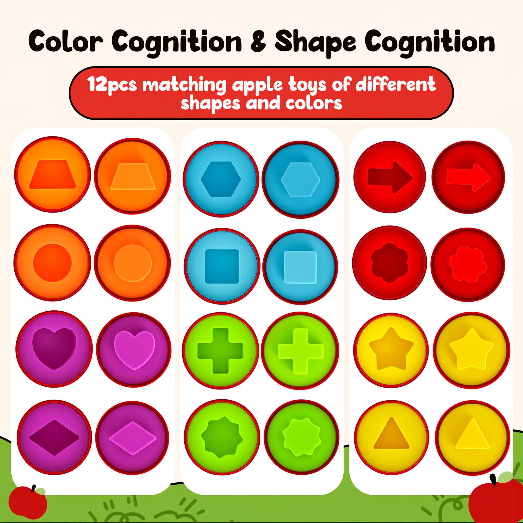 FQKIOMY Montessori Apple Shape Sorter for Toddlers 1-3 – Color Sorting & Fine Motor Toy