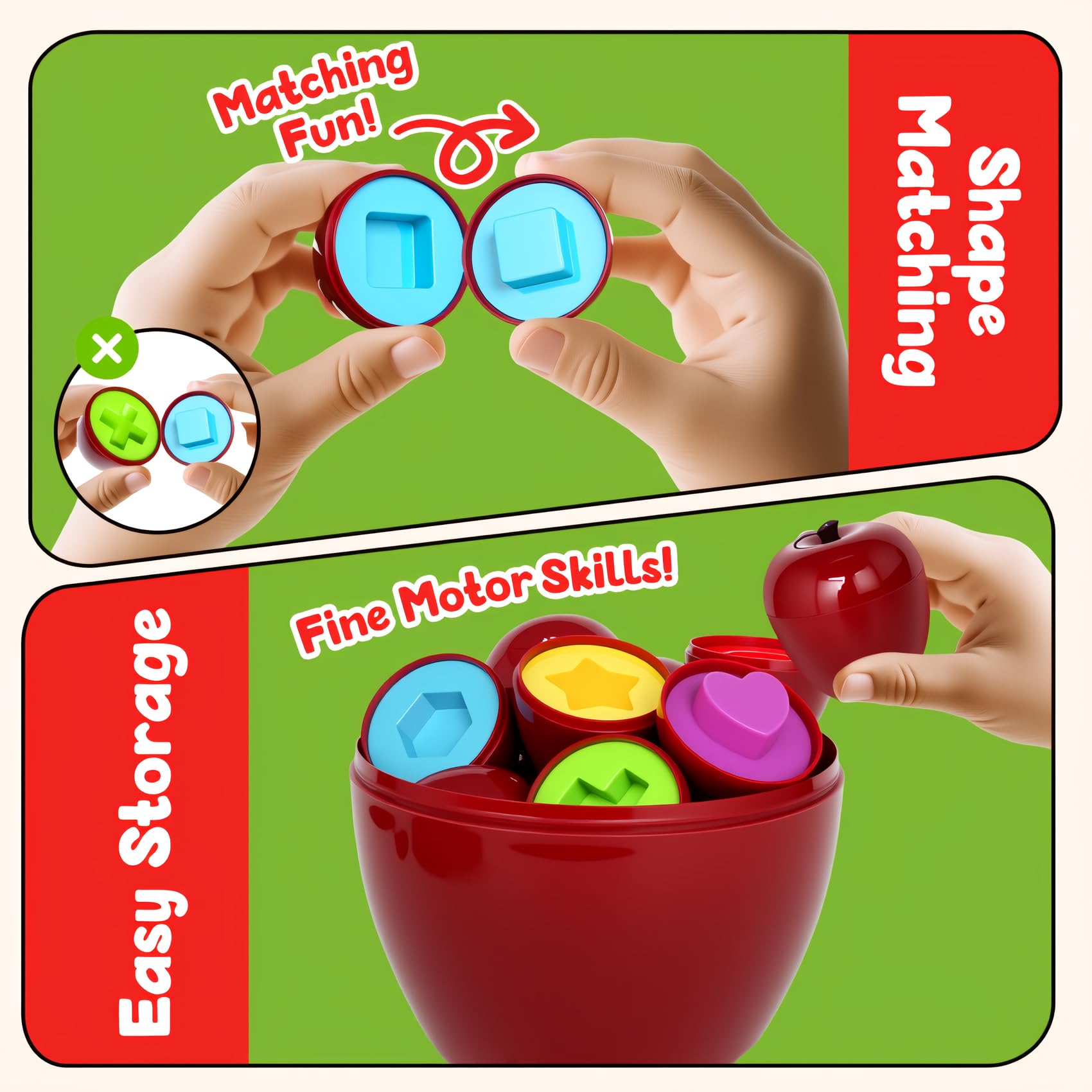 FQKIOMY Montessori Apple Shape Sorter for Toddlers 1-3 – Color Sorting & Fine Motor Toy