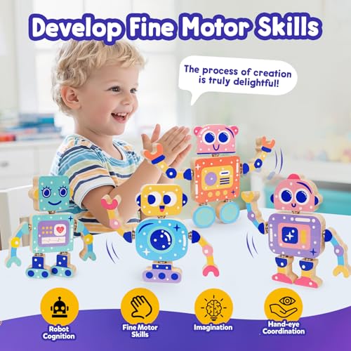 FQKIOMY Montessori Wooden Robot Toy – Snap-Together Building Set for Toddlers Ages 3-5