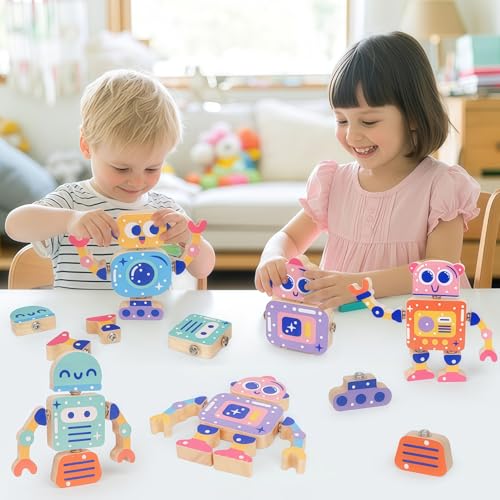 FQKIOMY Montessori Wooden Robot Toy – Snap-Together Building Set for Toddlers Ages 3-5