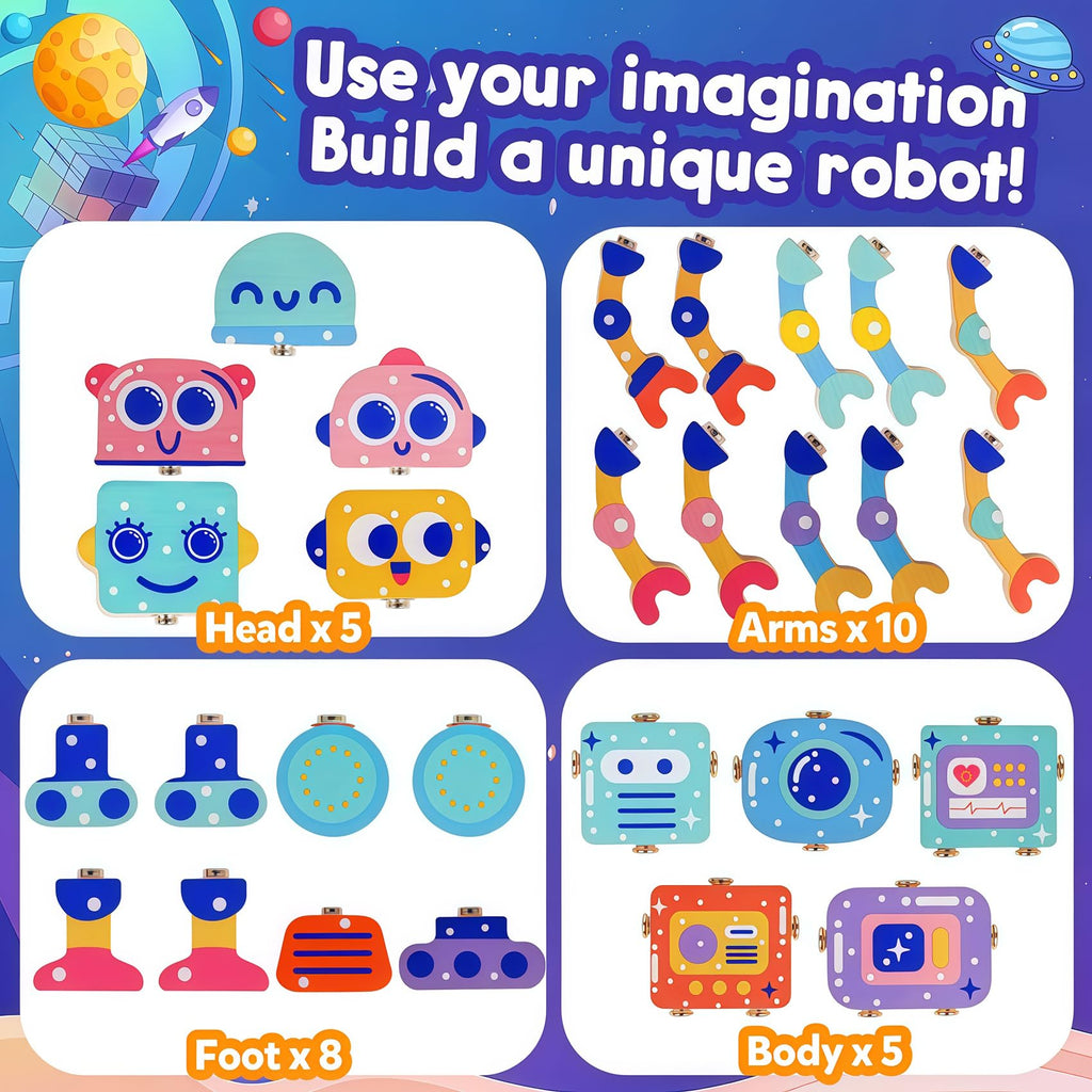 FQKIOMY Montessori Wooden Robot Toy – Snap-Together Building Set for Toddlers Ages 3-5