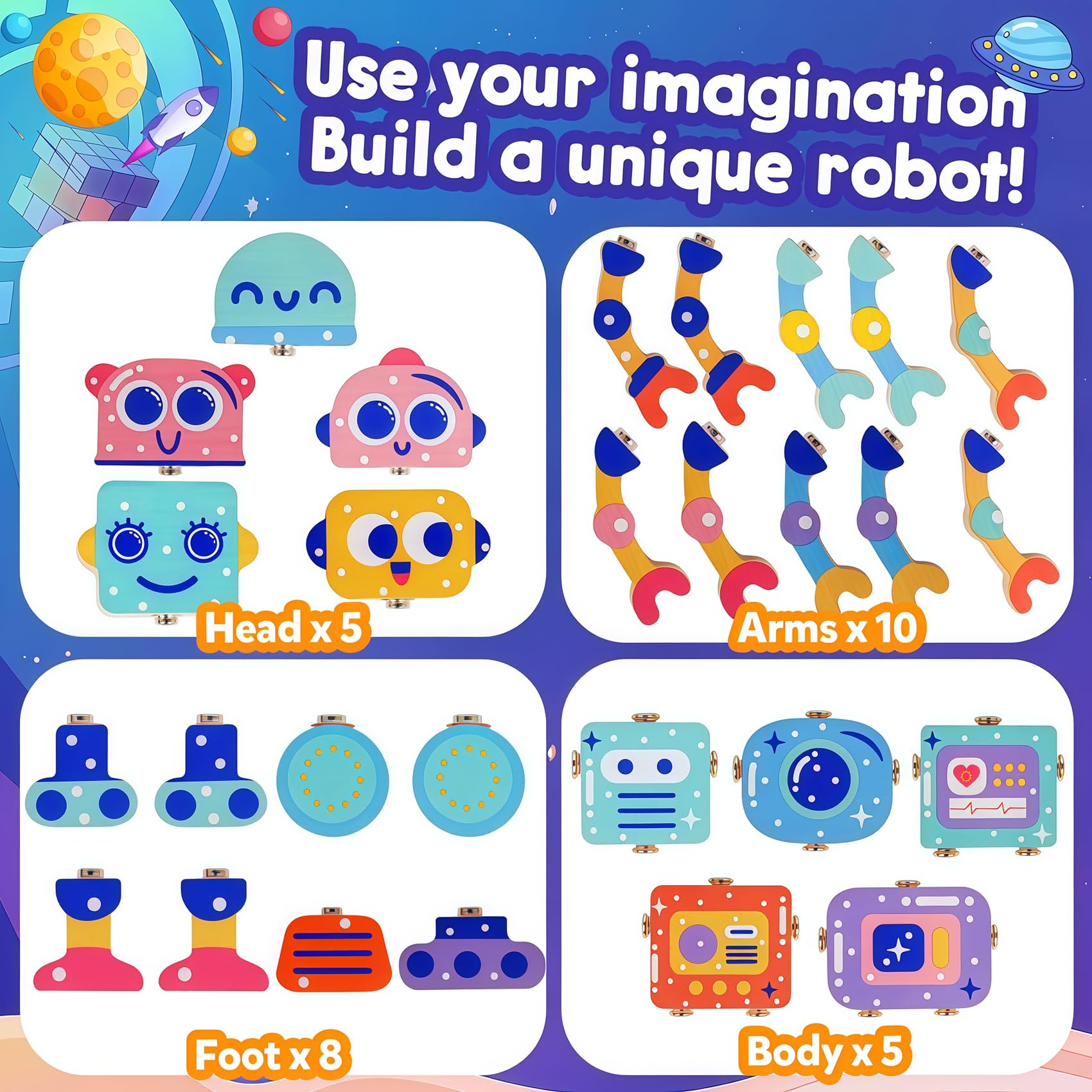 FQKIOMY Montessori Wooden Robot Toy – Snap-Together Building Set for Toddlers Ages 3-5