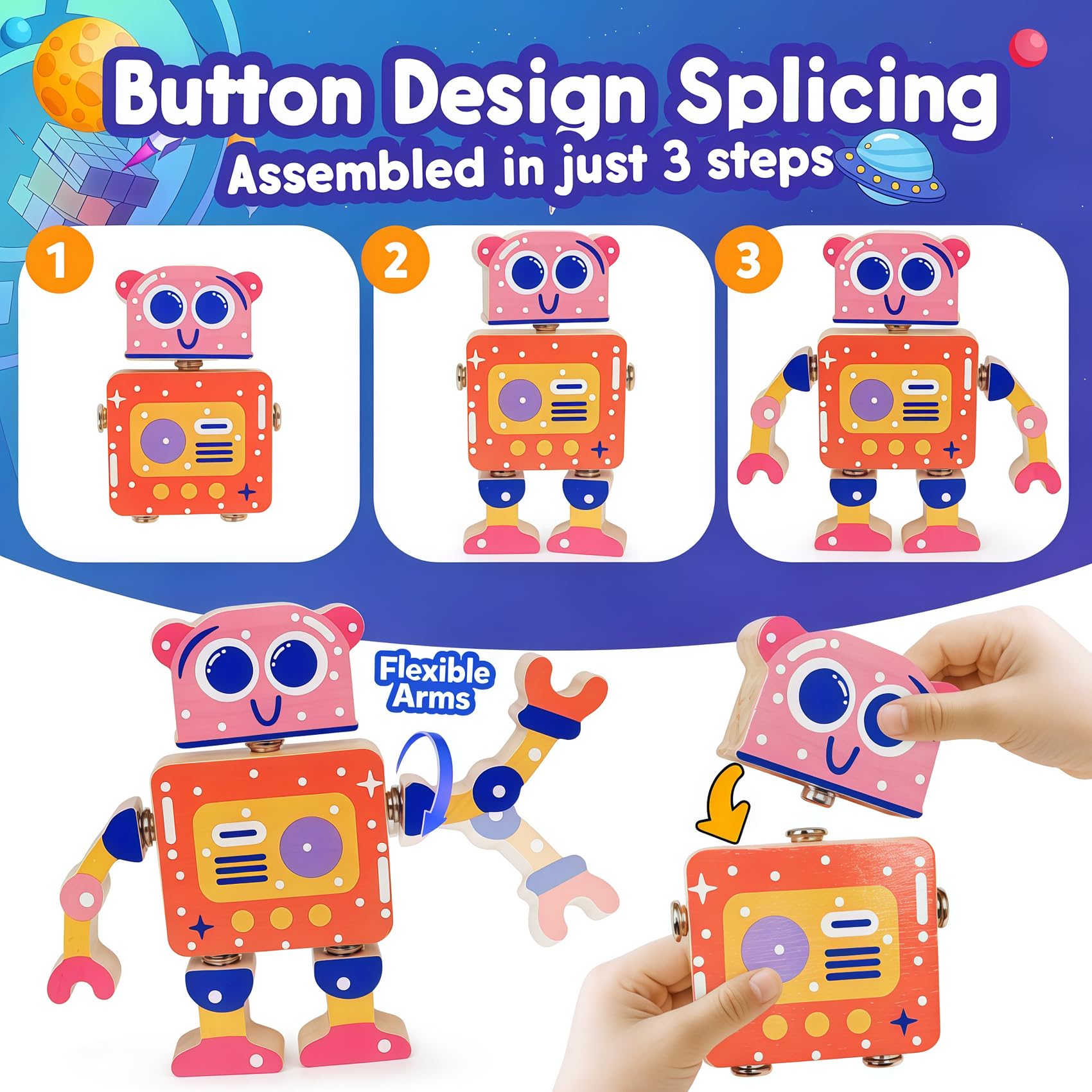 FQKIOMY Montessori Wooden Robot Toy – Snap-Together Building Set for Toddlers Ages 3-5