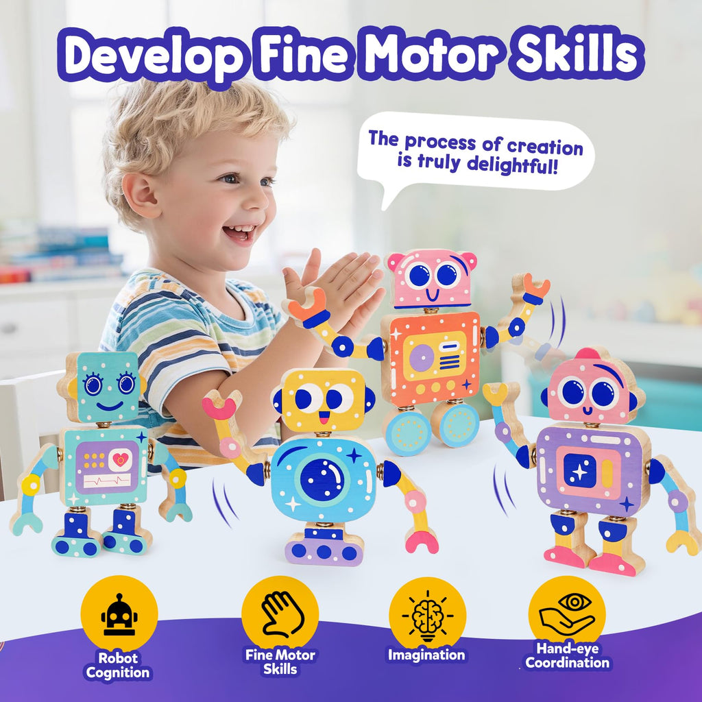 FQKIOMY Montessori Wooden Robot Toy – Snap-Together Building Set for Toddlers Ages 3-5
