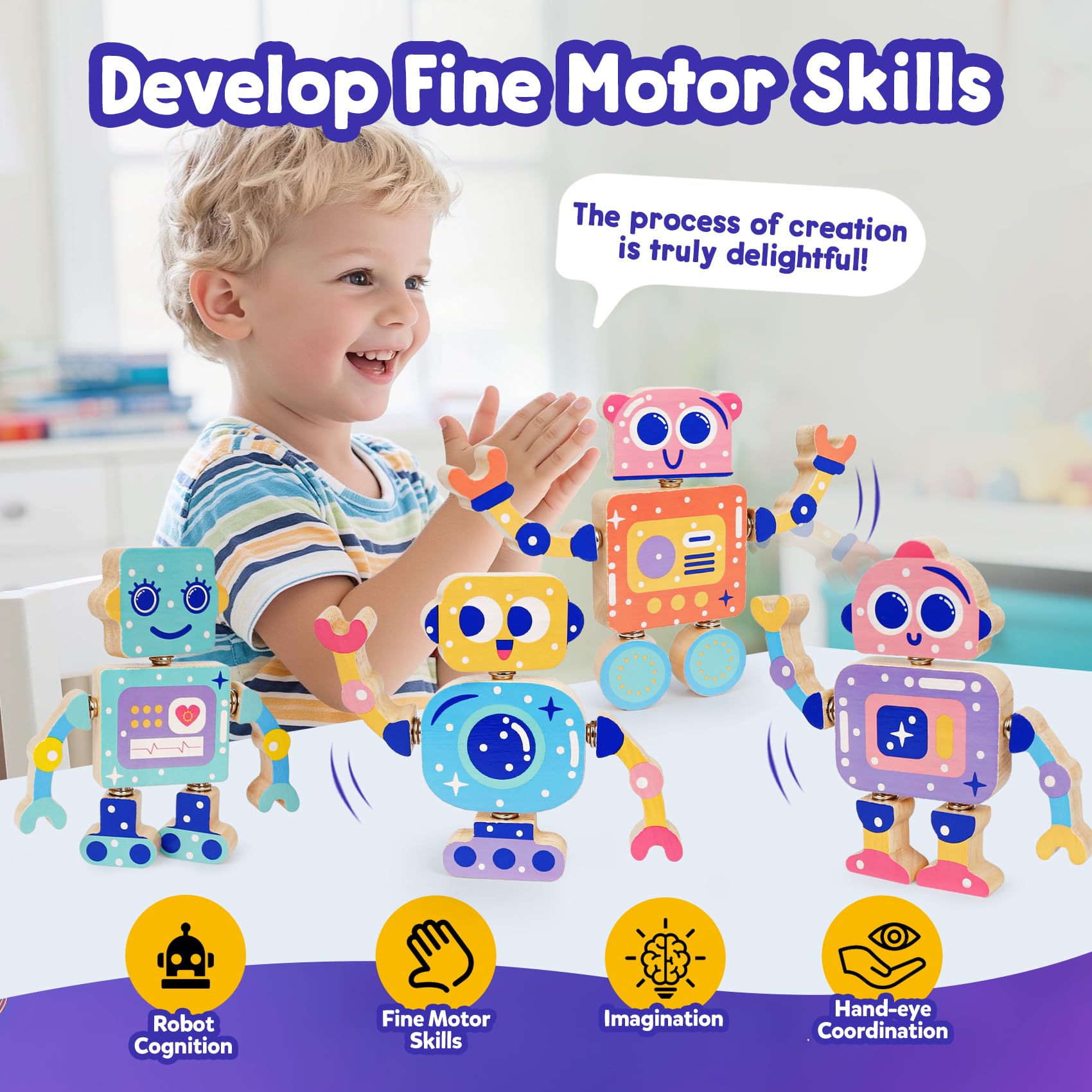 FQKIOMY Montessori Wooden Robot Toy – Snap-Together Building Set for Toddlers Ages 3-5