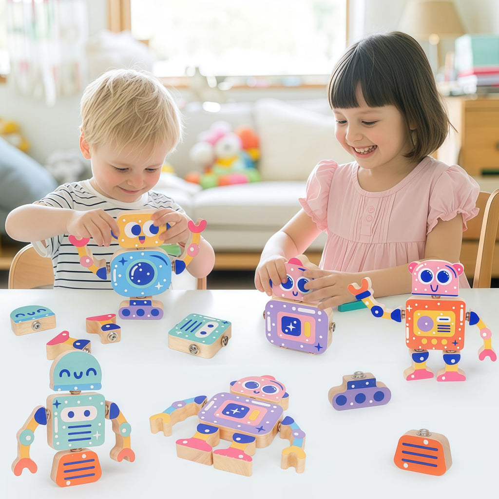 FQKIOMY Montessori Wooden Robot Toy – Snap-Together Building Set for Toddlers Ages 3-5