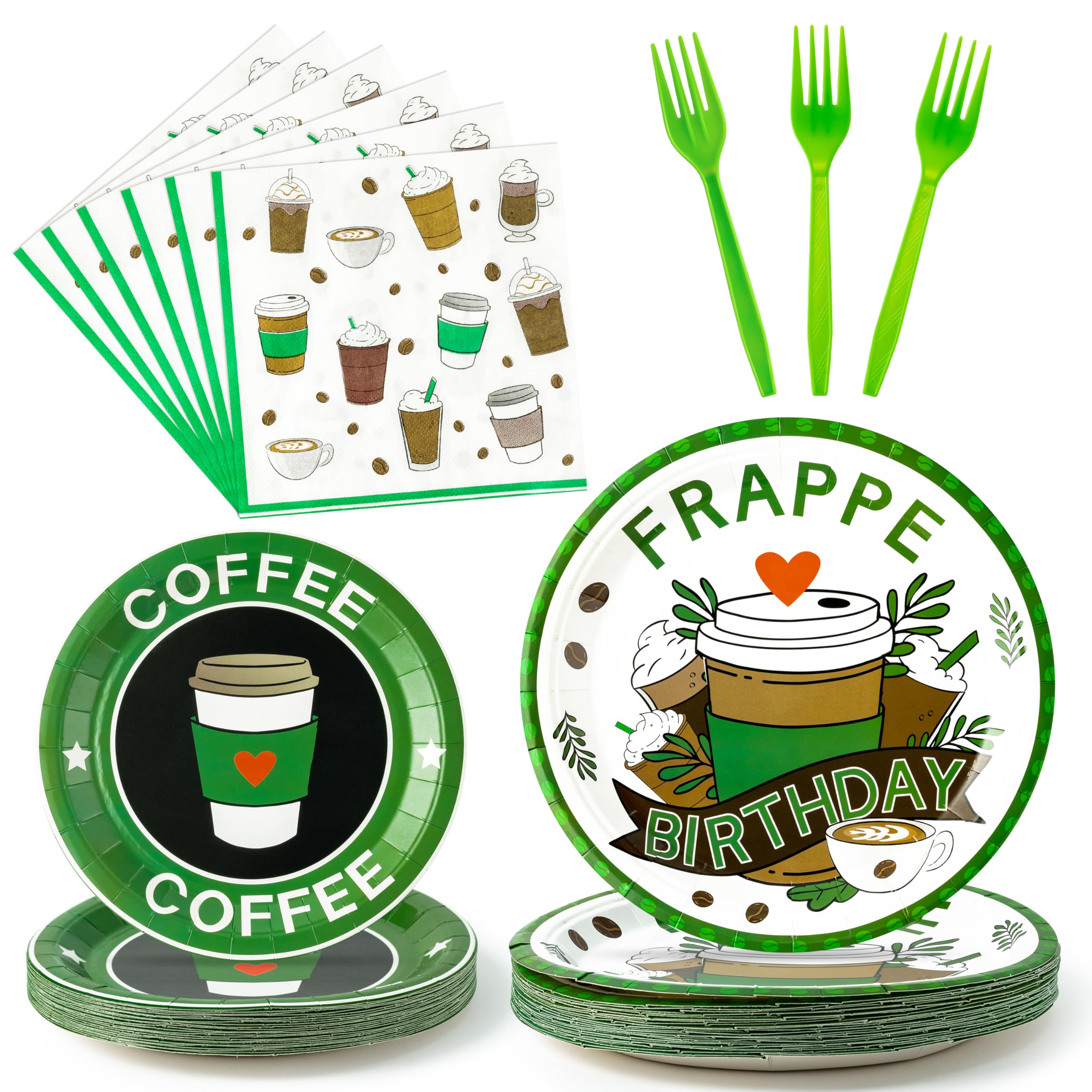 Frappe Coffee Themed 96-Piece Party Tableware Set – Disposable Plates, Napkins, Forks for 24 Guests