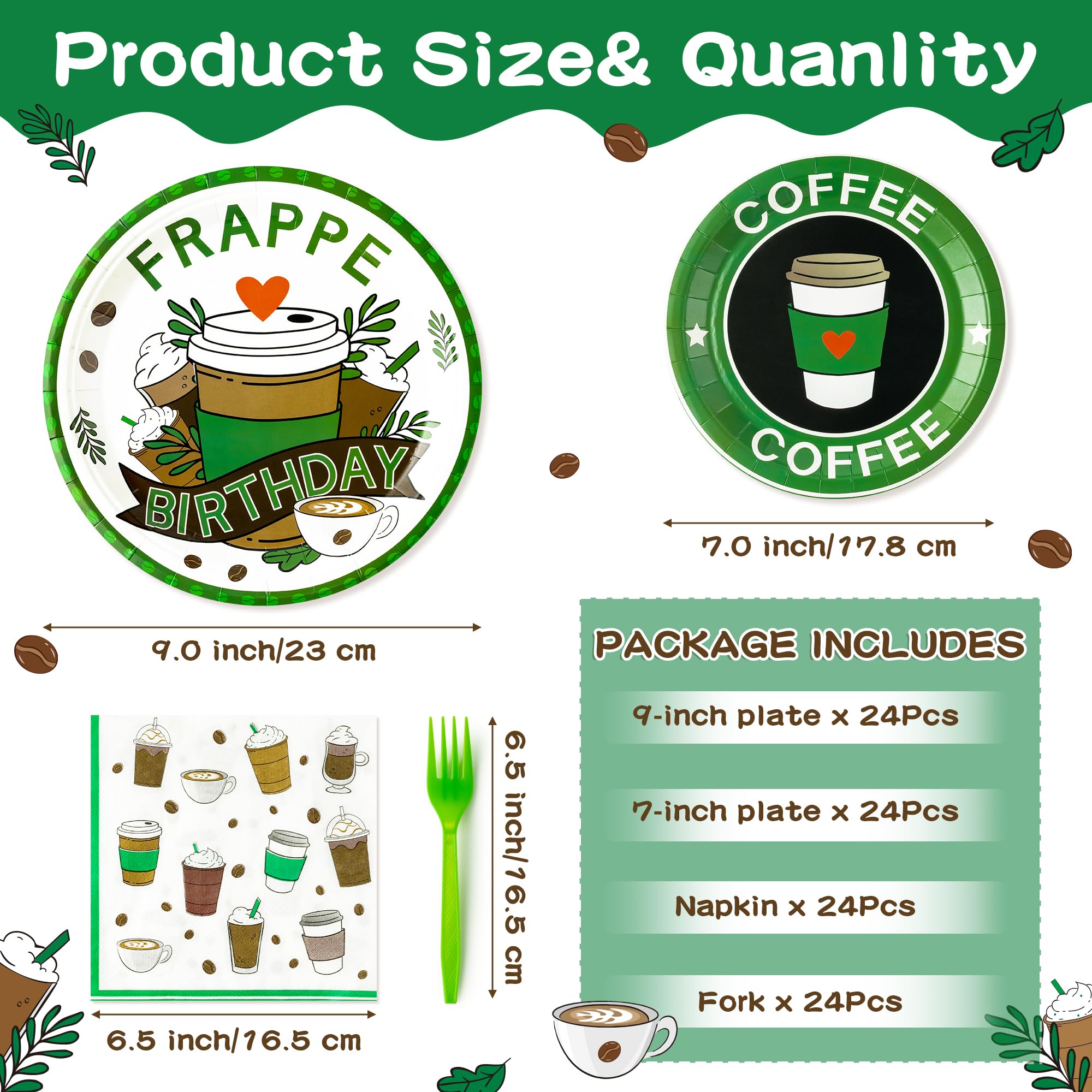 Frappe Coffee Themed 96-Piece Party Tableware Set – Disposable Plates, Napkins, Forks for 24 Guests
