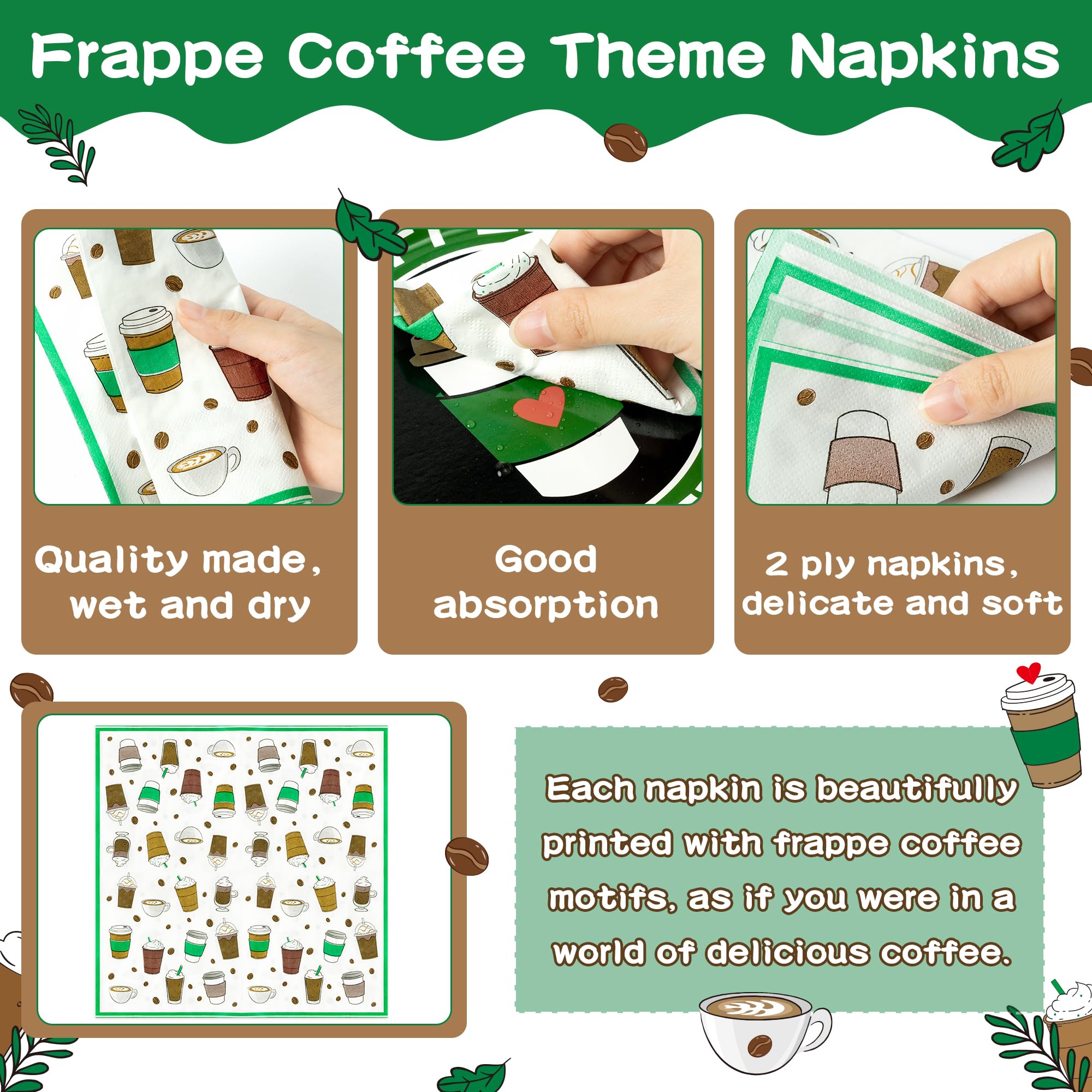 Frappe Coffee Themed 96-Piece Party Tableware Set – Disposable Plates, Napkins, Forks for 24 Guests