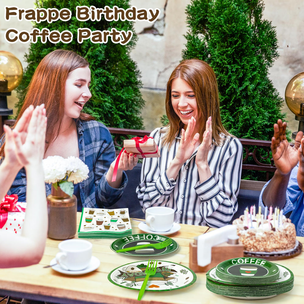 Frappe Coffee Themed 96-Piece Party Tableware Set – Disposable Plates, Napkins, Forks for 24 Guests