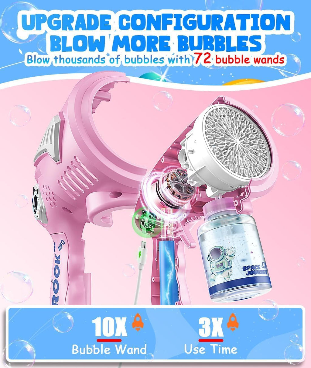 FREQUENT BUBBLES Big Bubble Gun - Rechargeable 72-Hole Bubble Machine with LED Lights for Kids Ages 3+