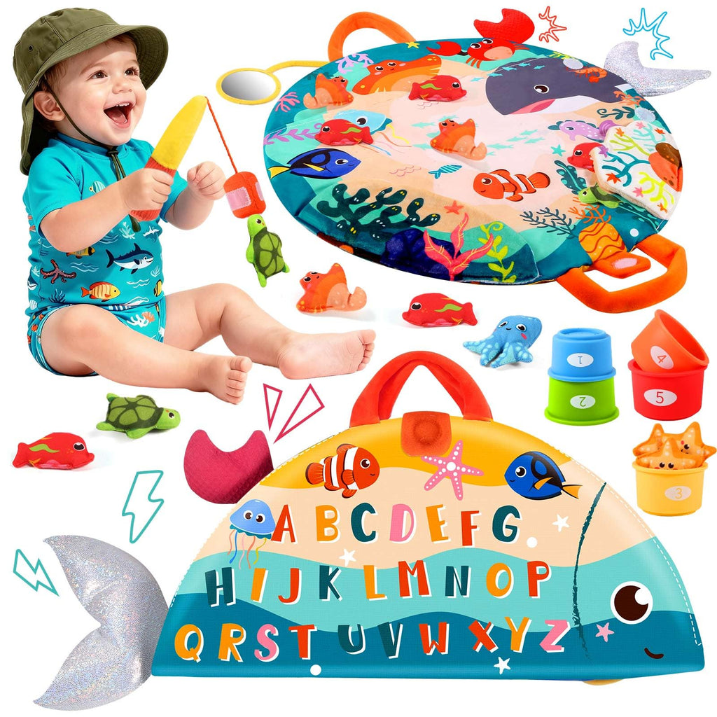FREYBLI Montessori Fishing Toy Set for 1 Year Old – Cloth Toddler Fishing Game with Stacking Cups, 15 Sea Animals, Velcro Fishing Pole, Silicone Cups, Ocean Mat Storage Bag, Sensory Baby Toy 12-18 Months