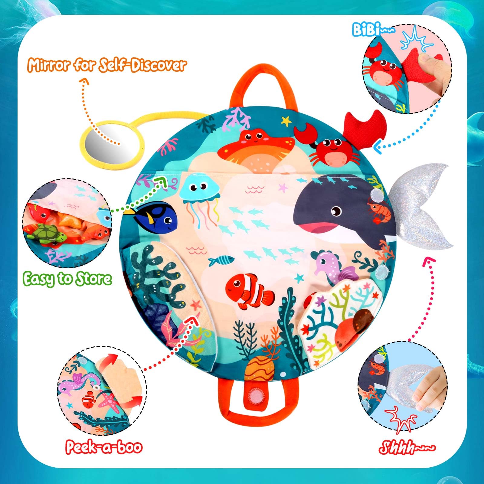 FREYBLI Montessori Fishing Toy Set for 1 Year Old – Cloth Toddler Fishing Game with Stacking Cups, 15 Sea Animals, Velcro Fishing Pole, Silicone Cups, Ocean Mat Storage Bag, Sensory Baby Toy 12-18 Months