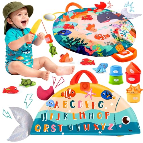 FREYBLI Montessori Fishing Toy Set for 1 Year Old – Cloth Toddler Fishing Game with Stacking Cups, 15 Sea Animals, Velcro Fishing Pole, Silicone Cups, Ocean Mat Storage Bag, Sensory Baby Toy 12-18 Months