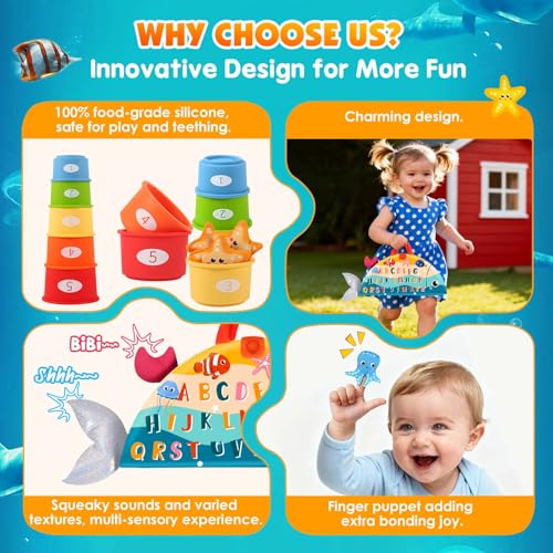FREYBLI Montessori Fishing Toy Set for 1 Year Old – Cloth Toddler Fishing Game with Stacking Cups, 15 Sea Animals, Velcro Fishing Pole, Silicone Cups, Ocean Mat Storage Bag, Sensory Baby Toy 12-18 Months