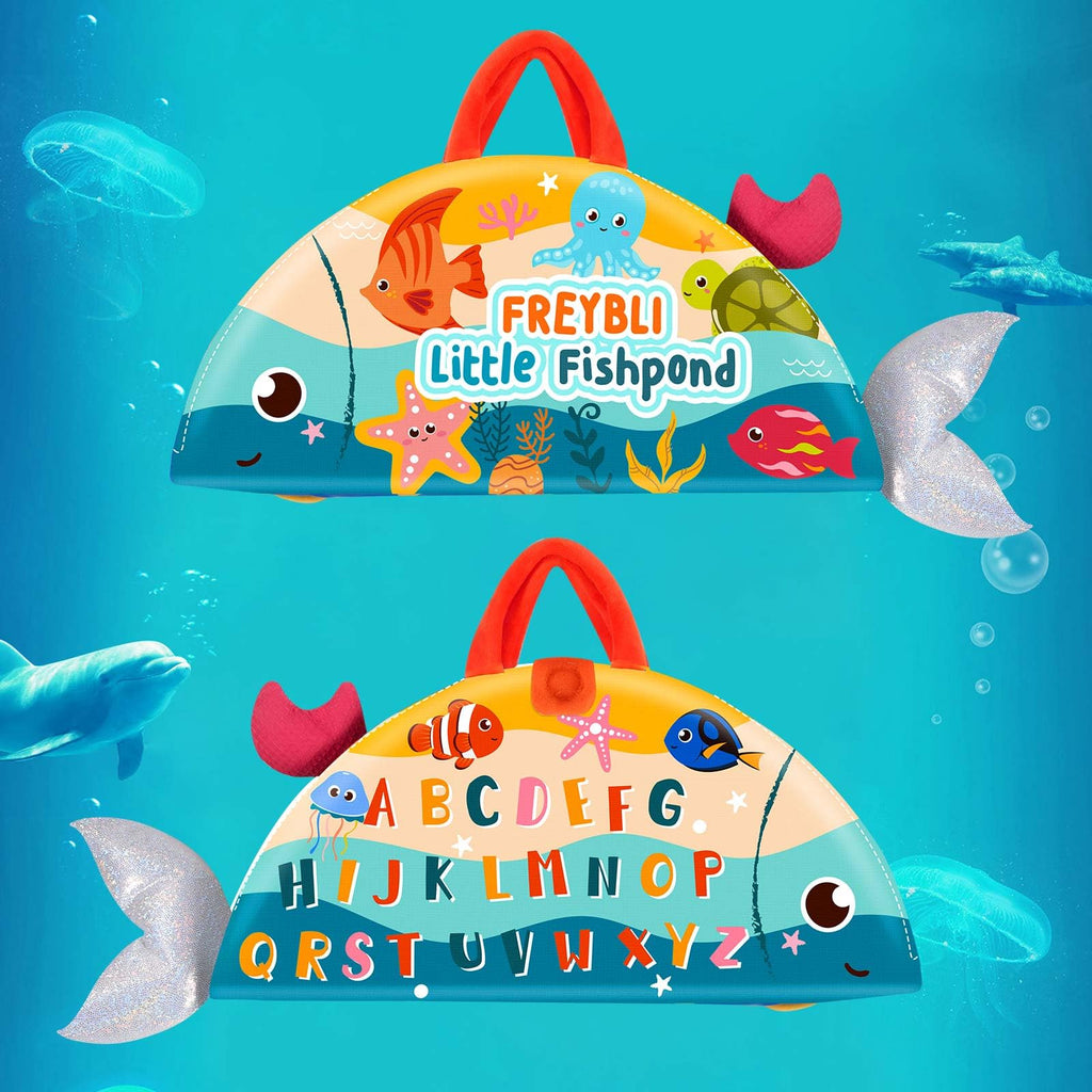 FREYBLI Montessori Fishing Toy Set for 1 Year Old – Cloth Toddler Fishing Game with Stacking Cups, 15 Sea Animals, Velcro Fishing Pole, Silicone Cups, Ocean Mat Storage Bag, Sensory Baby Toy 12-18 Months