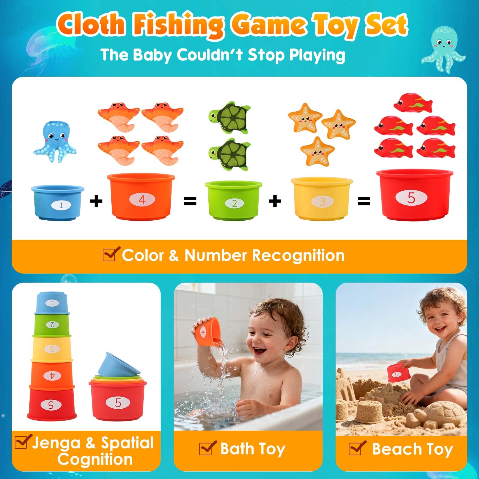 FREYBLI Montessori Fishing Toy Set for 1 Year Old – Cloth Toddler Fishing Game with Stacking Cups, 15 Sea Animals, Velcro Fishing Pole, Silicone Cups, Ocean Mat Storage Bag, Sensory Baby Toy 12-18 Months