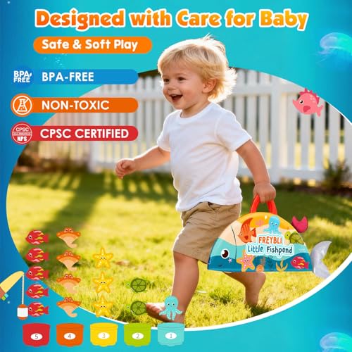 FREYBLI Montessori Fishing Toy Set for 1 Year Old – Cloth Toddler Fishing Game with Stacking Cups, 15 Sea Animals, Velcro Fishing Pole, Silicone Cups, Ocean Mat Storage Bag, Sensory Baby Toy 12-18 Months