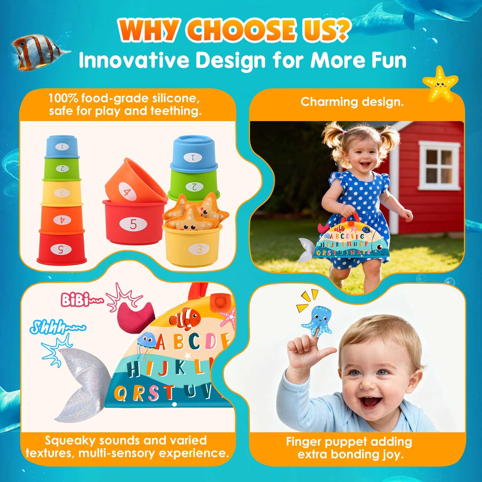 FREYBLI Montessori Fishing Toy Set for 1 Year Old – Cloth Toddler Fishing Game with Stacking Cups, 15 Sea Animals, Velcro Fishing Pole, Silicone Cups, Ocean Mat Storage Bag, Sensory Baby Toy 12-18 Months