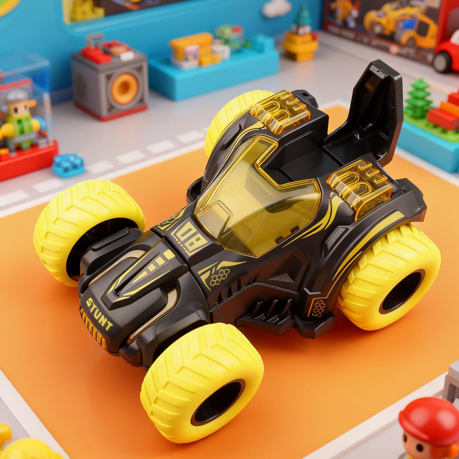 Friction Powered Flip Stunt Car – Push and Go Toy Car with 360° Spin for Kids 3+ (Yellow)