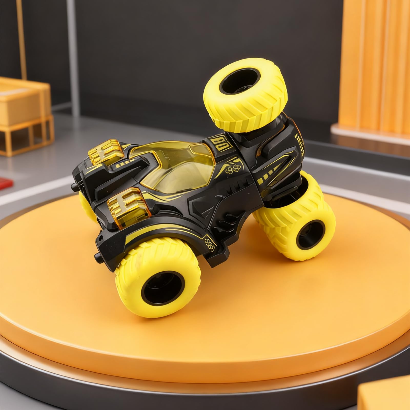 Friction Powered Flip Stunt Car – Push and Go Toy Car with 360° Spin for Kids 3+ (Yellow)