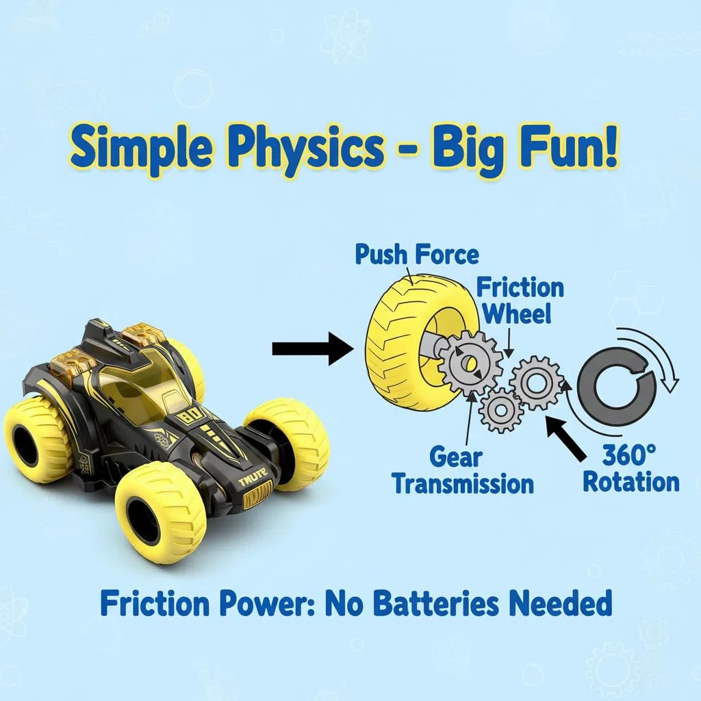 Friction Powered Flip Stunt Car – Push and Go Toy Car with 360° Spin for Kids 3+ (Yellow)