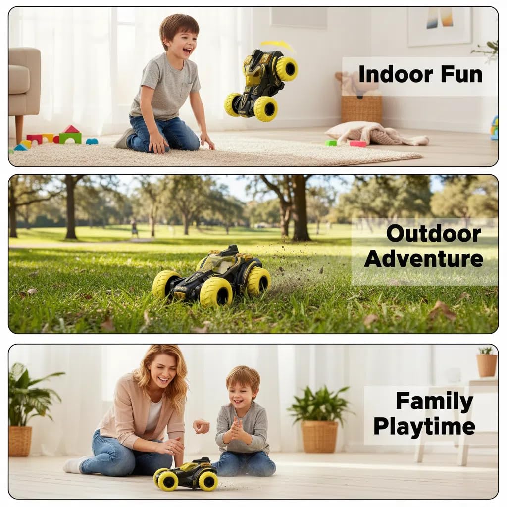 Friction Powered Flip Stunt Car – Push and Go Toy Car with 360° Spin for Kids 3+ (Yellow)