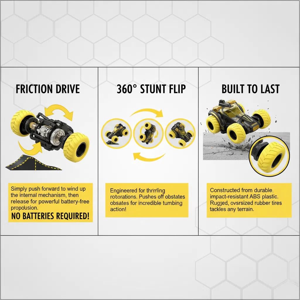 Friction Powered Flip Stunt Car – Push and Go Toy Car with 360° Spin for Kids 3+ (Yellow)