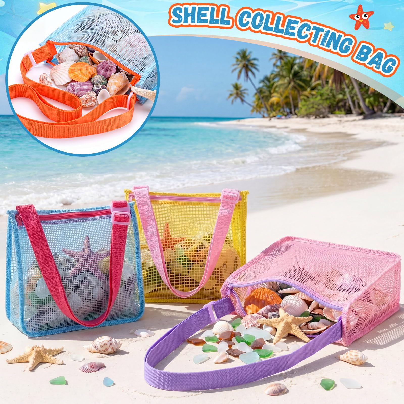 Frienda 4 Pack Mesh Beach Bags for Shell Collecting, Sand Toys, and Swimming Accessories - Assorted Colors