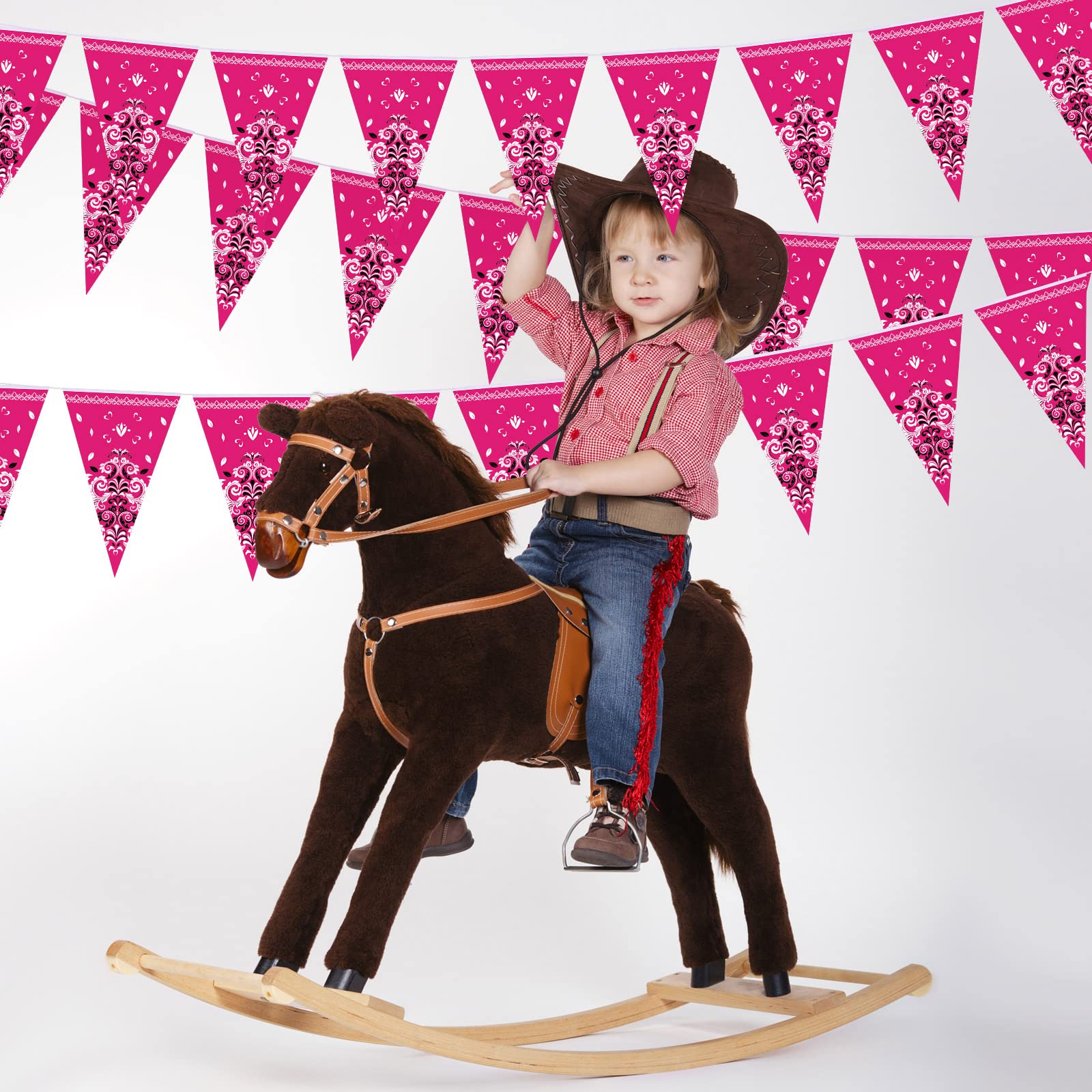 Frienda 5 Pack Western Cowgirl Party Banners - 9.8ft Bandana Pennant Flags, Rose Red Paper Decor for Wild West Birthday & Party