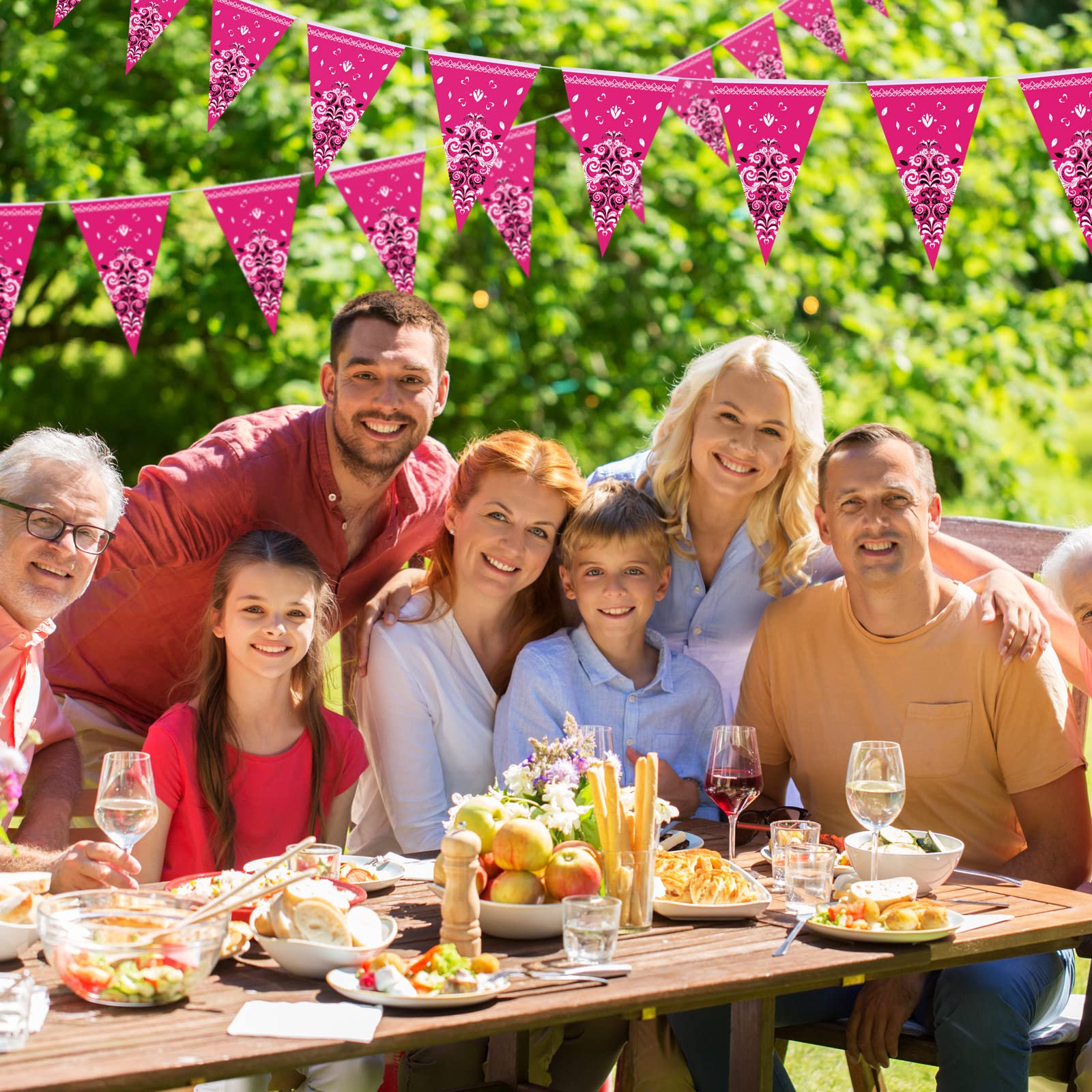 Frienda 5 Pack Western Cowgirl Party Banners - 9.8ft Bandana Pennant Flags, Rose Red Paper Decor for Wild West Birthday & Party