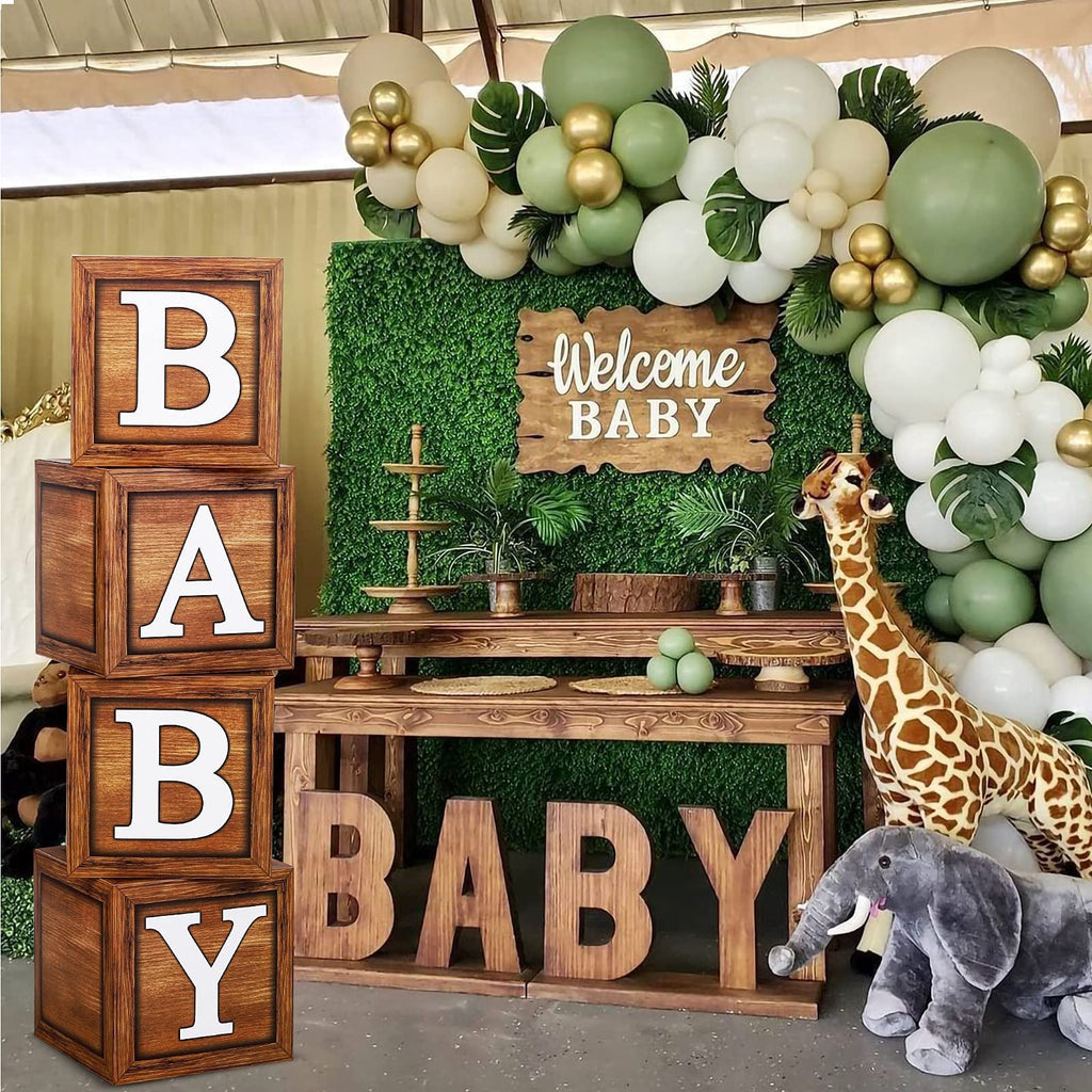 Frigg 4-Pack Wood Grain Baby Shower Boxes – Brown Teddy Bear Decor, Gender Reveal & Birthday Centerpiece Blocks