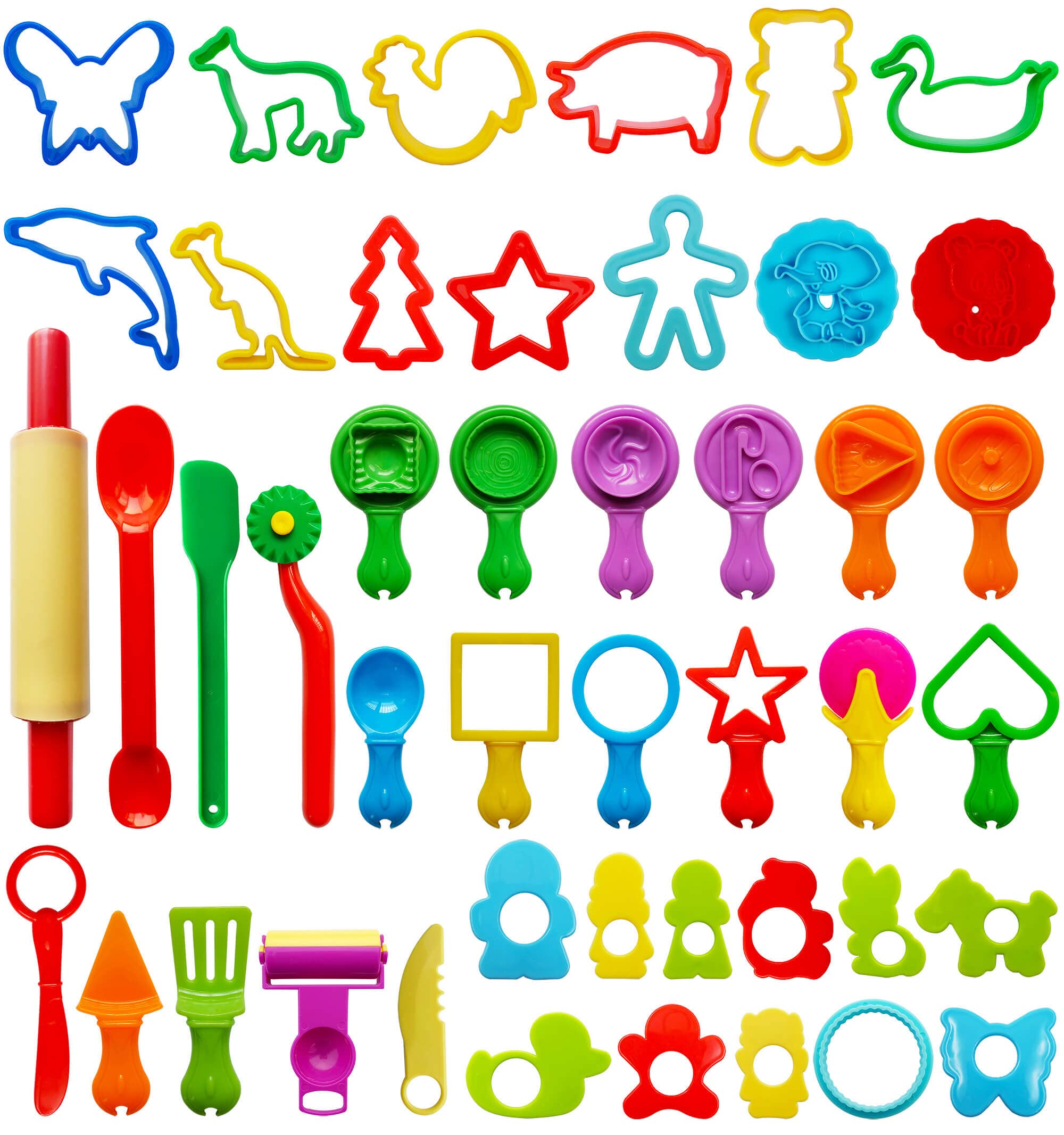 FRIMOONY 45-Piece Dough Tool Set for Kids – Plastic Molds and Cutters in Assorted Colors