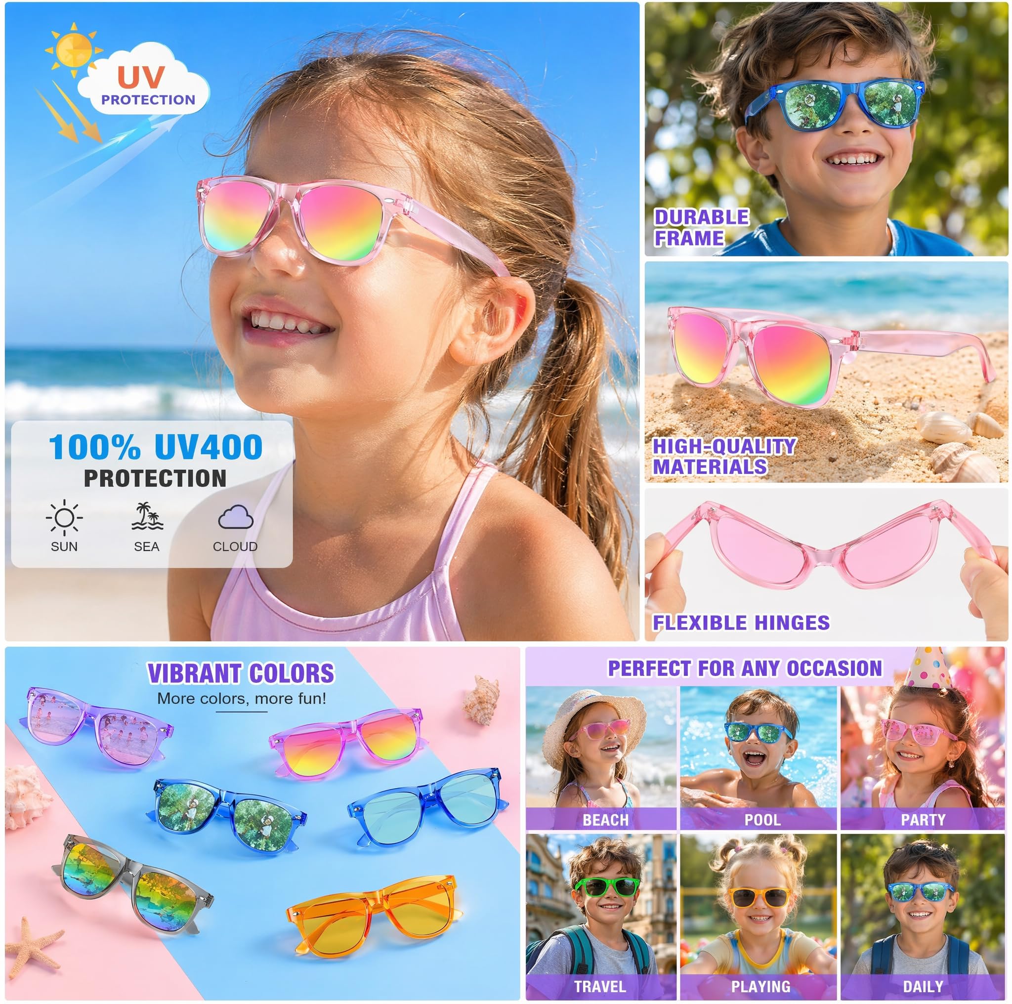 Froman Kids Sunglasses Bulk 16 Pack Neon UV 400 Protection Party Favors for Ages 3-8