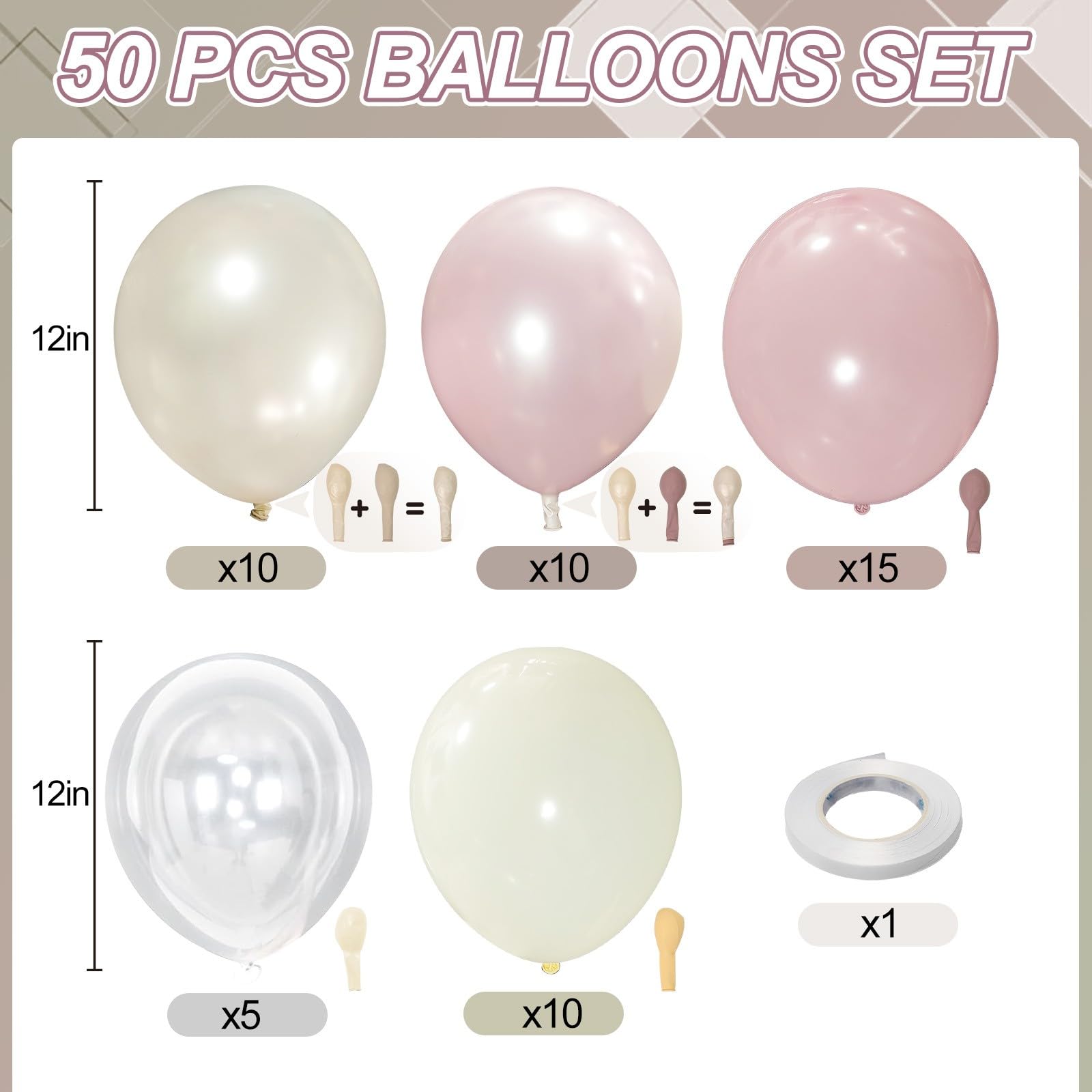 Froova 12-Inch Dusty Pink Balloons - 50 Piece Set with Pearl & Clear Balloons for Baby Shower, Wedding, Birthday Decor