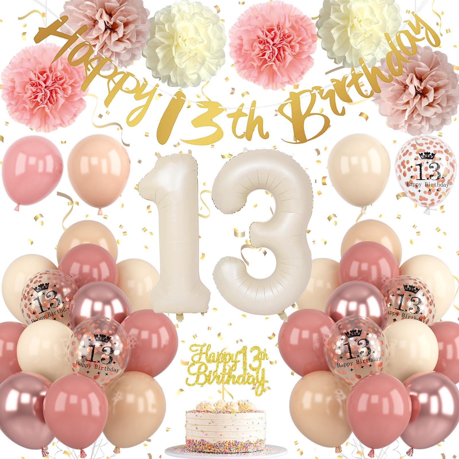 Froova 13th Birthday Decorations for Girl - Blush Pink Balloon Kit with Banner, Cake Topper, Pom Poms